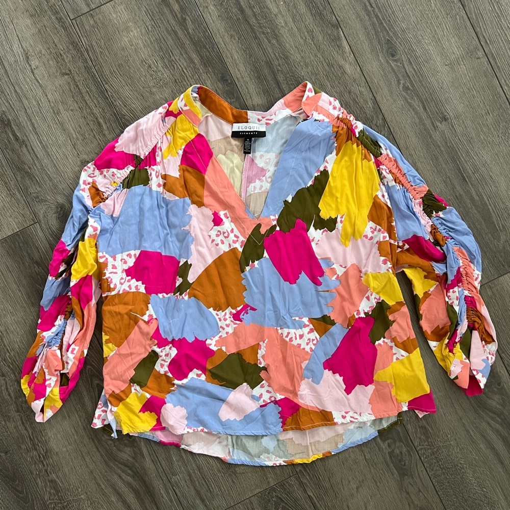 Eloquii Colorblock Abstract V-Neck Blouse - Pink, Blue, Yellow, Olive, Coral 16